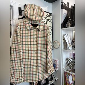 Coach Tattersall Hampton Tweed Plaid Houndstooth 100% Wool Pea Coat Jacket & hat